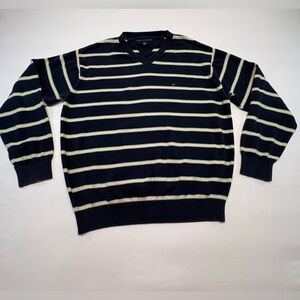 Tommy Hilfiger Navy and Cream Striped V-Neck Sweater - Men Size XL